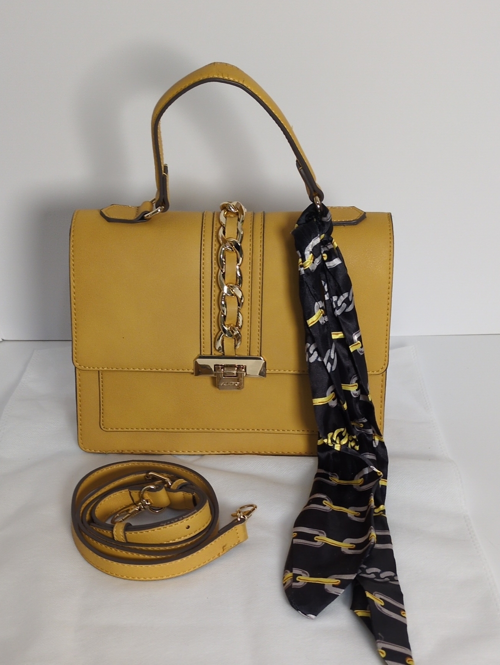 ALDO Mustard Yellow Top Handle Satchel Crossbody Bag with Chain Scarf Detail